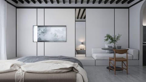 Bed, TV and multimedia, Seating area, Bedroom