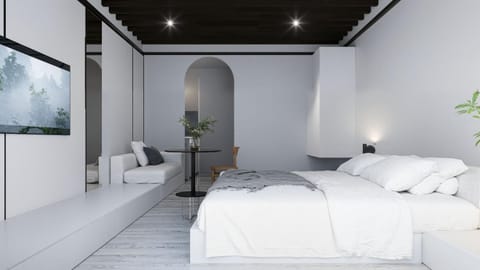 Bed, Living room, Seating area, Dining area, Bedroom