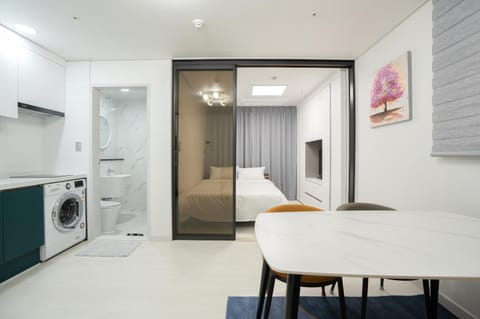Bed, Kitchen or kitchenette, Seating area, Bedroom, wardrobe, washing machine