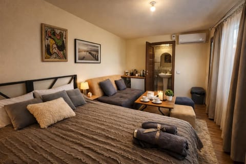 Bed, Living room, Photo of the whole room, Seating area, Bedroom, towels, air conditioner
