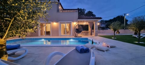 Property building, Patio, Night, Garden, Garden view, Swimming pool, Swimming pool, sunbed