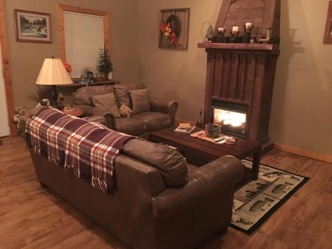 Gas fireplace, firepit, and cedar Adirondack chair House in Tennessee
