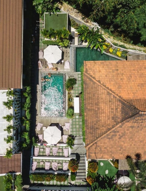 Property building, Natural landscape, Bird's eye view, Garden, Pool view