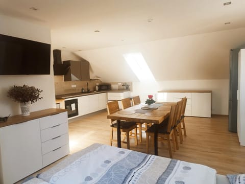 TV and multimedia, Kitchen or kitchenette, Living room, Seating area, Dining area, stove
