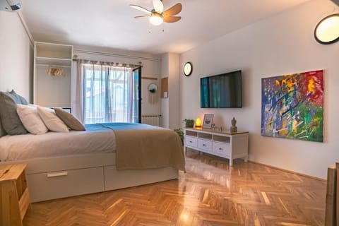 Bed, TV and multimedia, Living room, Photo of the whole room, Seating area, Bedroom, fireplace