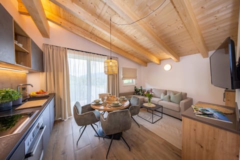 Kitchen or kitchenette, Living room, Seating area, Dining area