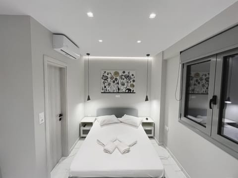 Bed, Photo of the whole room, Bedroom, towels, air conditioner