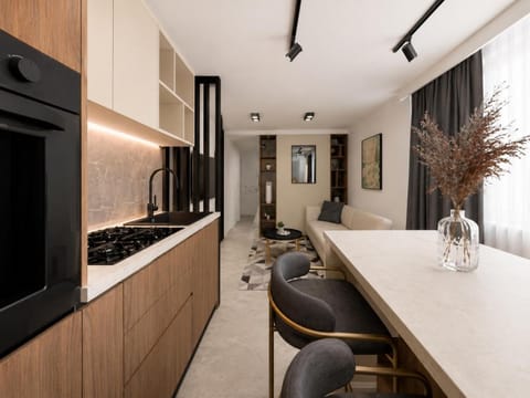 Kitchen or kitchenette, Living room, Seating area, Dining area