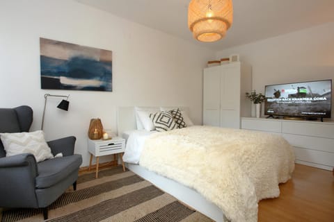 Bed, TV and multimedia, Seating area, Bedroom