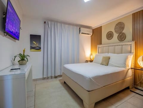 Bed, TV and multimedia, Photo of the whole room, Decorative detail, Bedroom, flat iron, locker, safe, air conditioner