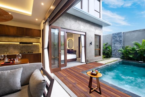 Kitchen or kitchenette, Living room, Seating area, Dining area, Swimming pool