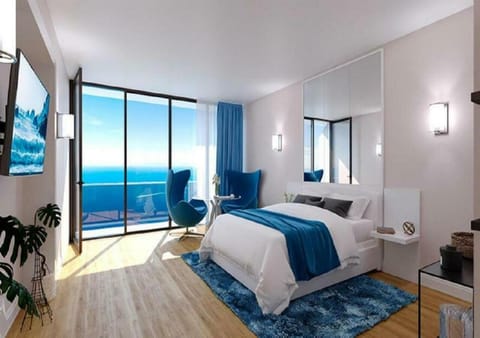 Bed, Natural landscape, TV and multimedia, Living room, Photo of the whole room, Seating area, Bedroom, Sea view