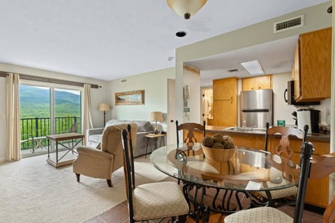 View (from property/room), Balcony/Terrace, Kitchen or kitchenette, Living room, Seating area, Dining area, Mountain view, furniture, air conditioner