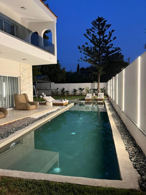 Patio, Night, Garden, Garden view, Pool view, Swimming pool, sunbed
