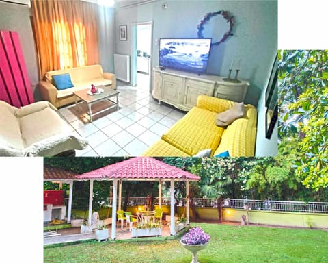 Day, Garden, TV and multimedia, Living room, Seating area, Garden view