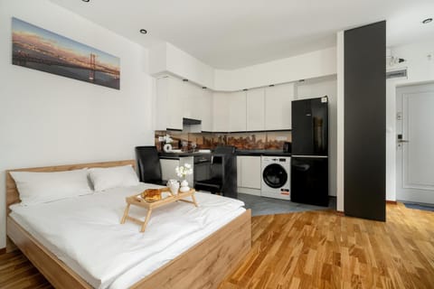 Bed, Kitchen or kitchenette, Photo of the whole room, Bedroom, oven, wardrobe, washing machine