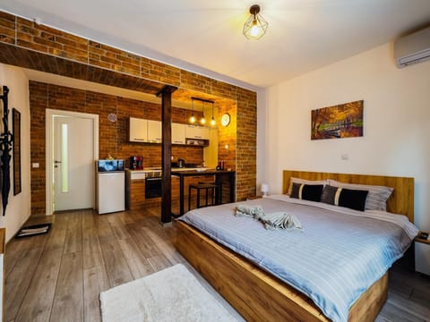 Bed, TV and multimedia, Kitchen or kitchenette, Photo of the whole room, Dining area, Bedroom, oven, wardrobe