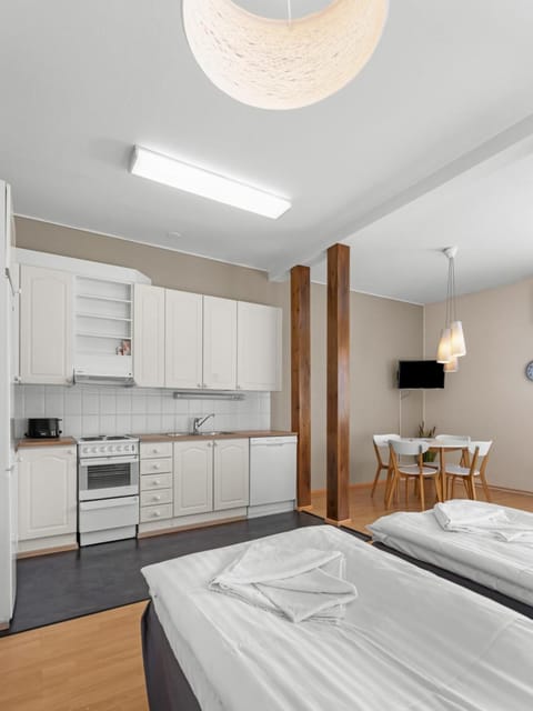 Bed, Kitchen or kitchenette, Dining area, oven, stove