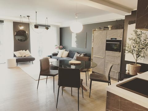 Kitchen or kitchenette, Living room, Seating area, Dining area