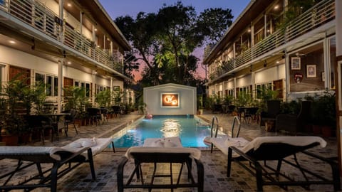 Property building, Patio, Night, Swimming pool