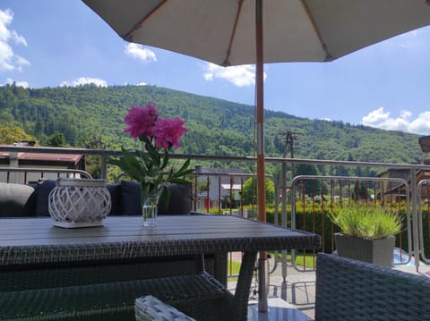 Spring, Day, Natural landscape, View (from property/room), Balcony/Terrace, Dining area, Mountain view, Mountain view, Street view