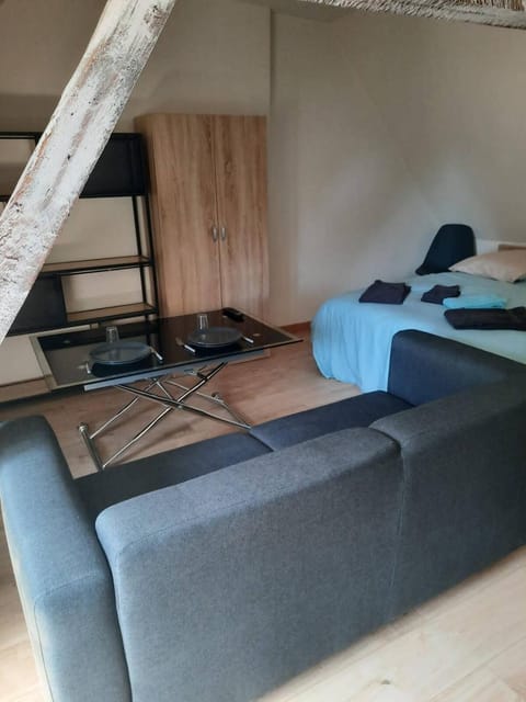 Bed, Living room, Seating area