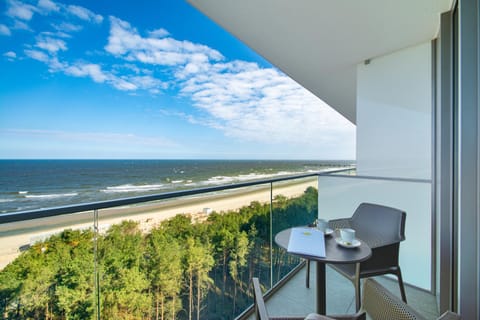 Natural landscape, View (from property/room), Balcony/Terrace, Dining area, Beach, Sea view