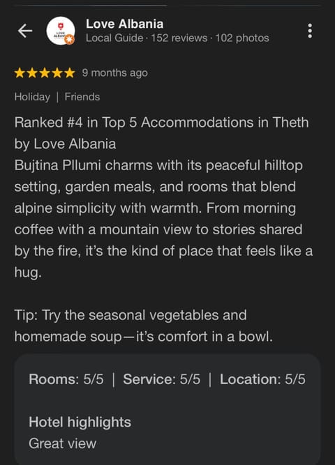 Bujtina Pllumi Theth Bed and Breakfast in Montenegro