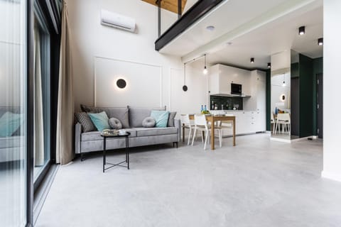 Kitchen or kitchenette, Living room, Seating area, Dining area