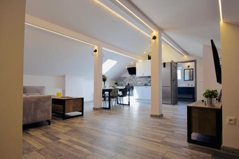 Kitchen or kitchenette, Living room, Seating area, Dining area