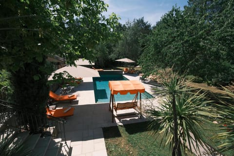Natural landscape, Garden, Garden view, Pool view, Swimming pool, sunbed