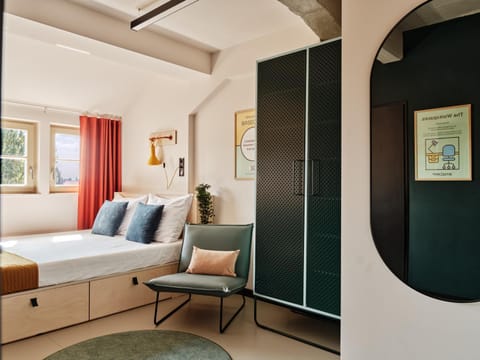Bed, wardrobe