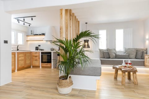 Kitchen or kitchenette, Living room, Seating area, Dining area