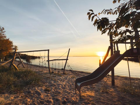Children play ground, Beach, Lake view, Sunset