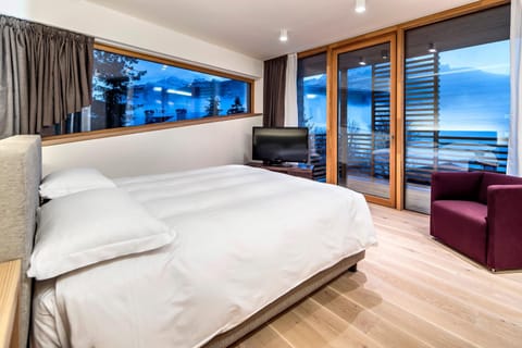 Bed, Natural landscape, TV and multimedia, Living room, Photo of the whole room, Seating area, Bedroom