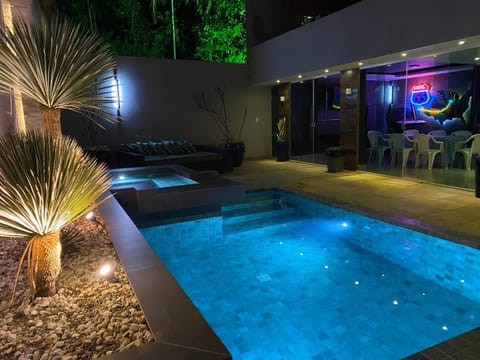 Patio, Night, Natural landscape, Hot Tub, Pool view, Swimming pool, sunbed