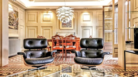 Library, Living room, Seating area, Dining area