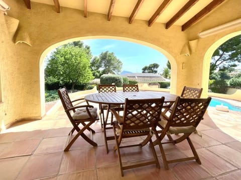 Patio, Dining area, Pool view