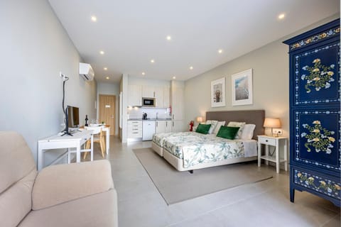 Bed, TV and multimedia, Kitchen or kitchenette, Living room, Photo of the whole room, Seating area, Dining area, Bedroom, air conditioner