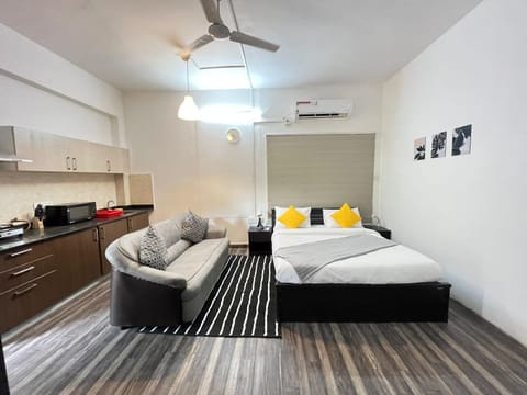 Bed, Kitchen or kitchenette, Living room, Photo of the whole room, Seating area, Bedroom, fireplace, minibar