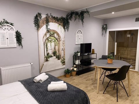 Bed, Sauna, TV and multimedia, Living room, Photo of the whole room, Seating area, Evening entertainment, Bedroom, towels