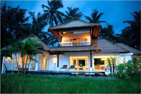 Property building, Patio, Night, Natural landscape, Garden, Pool view, Swimming pool