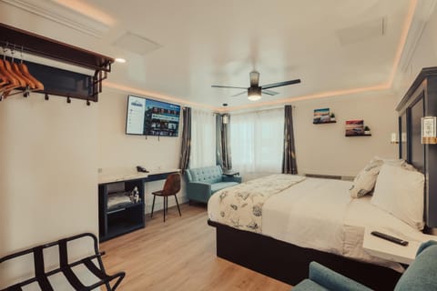 Bed, TV and multimedia, Photo of the whole room, Seating area, Bedroom, fireplace, air conditioner