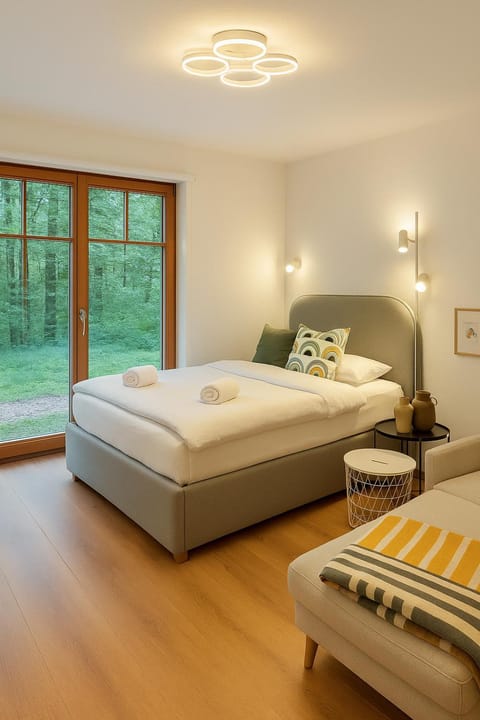 Bed, Living room, Bedroom, Garden view