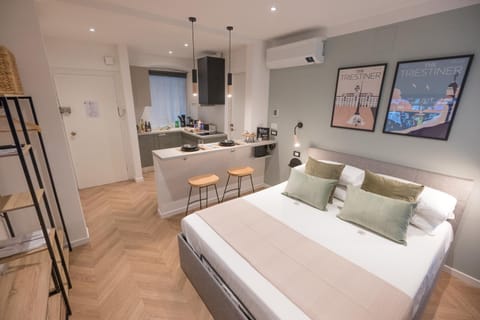 Bed, TV and multimedia, Kitchen or kitchenette, Photo of the whole room, Seating area, Dining area, Bedroom