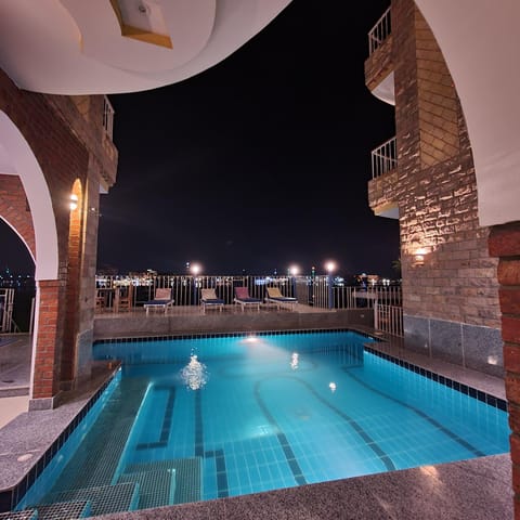 Night, Pool view, Swimming pool, Swimming pool