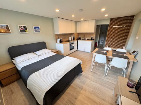 Kitchen or kitchenette, Living room, Seating area, Bedroom