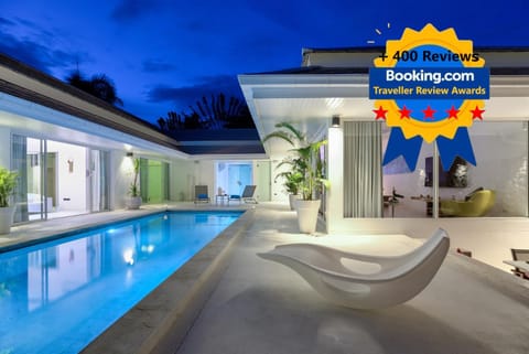 Property building, Text overlay, Swimming pool