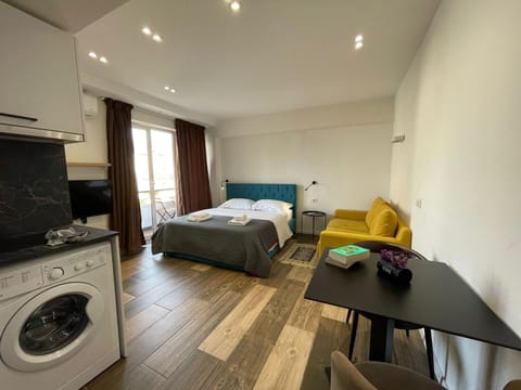 Bed, TV and multimedia, Kitchen or kitchenette, Living room, Photo of the whole room, Seating area, Bedroom, washing machine