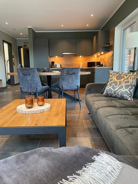 Kitchen or kitchenette, Living room, Seating area, Dining area
